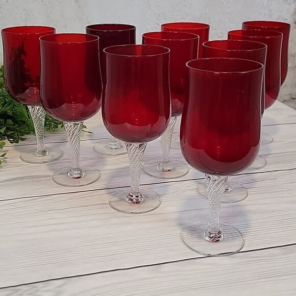 Colony Saturn Red water goblet 7 1/4" clear twisted stems 10 pieces - Picture 9 of 9